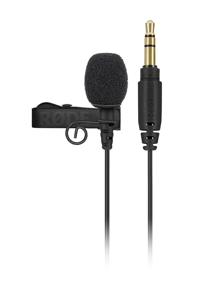 Image of Rode lavalier microphone with tie clip and foam windshield